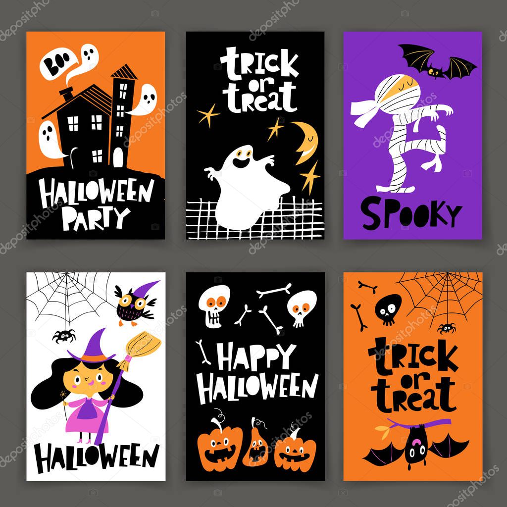 Set of vector Halloween posters in cartoon flat retro style 