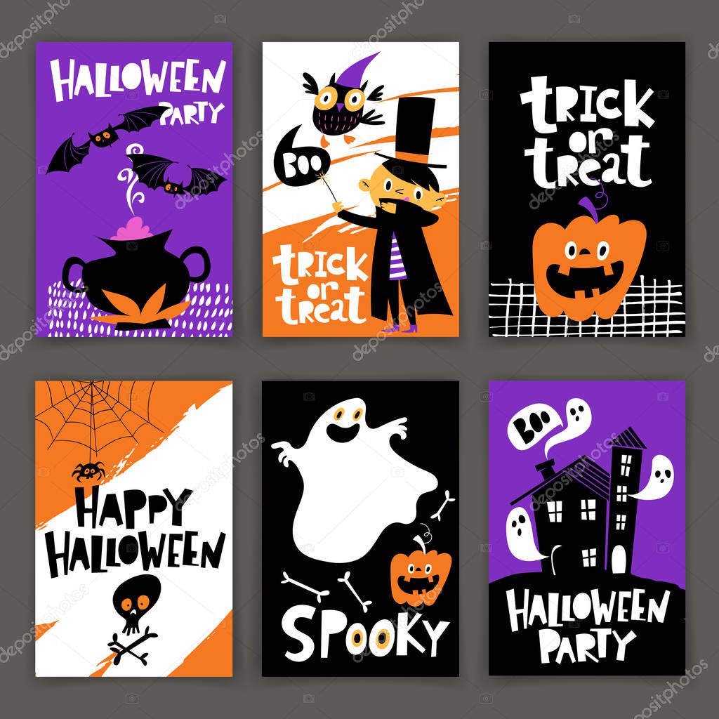 Set of vector Happy Halloween posters in cartoon flat retro styl