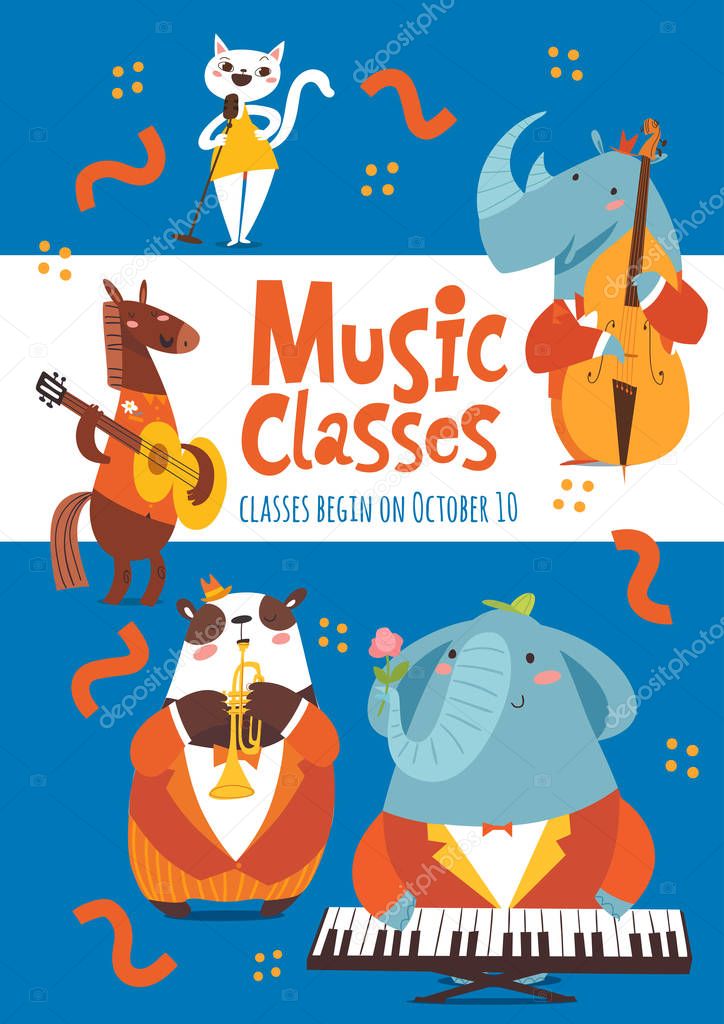 Vector music classes or lessons poster design with cute animals 