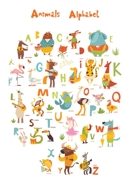 Animals Abc Version Full Animals Alphabet Set Funny Hand Drawn — Stock Vector