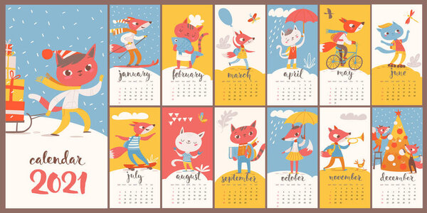 Kids style cartoon vector 2021 calendar with funny foxes and cats characters. Nice decoration for children room. Different life situations.