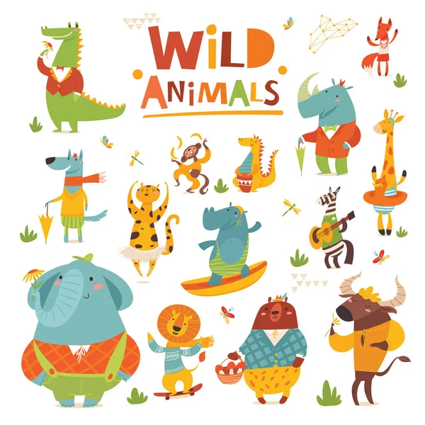 Vector Set Van Wilde Cartoon Dieren Van Afrika Bundel Schattige — Stockvector