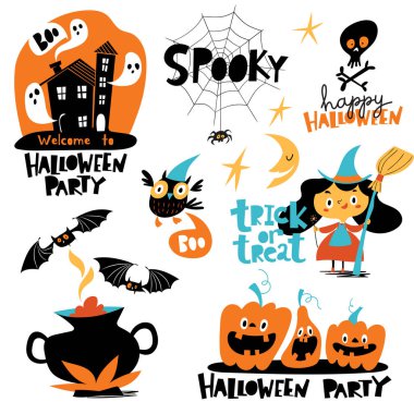 Vektör, düz çizgi film stiliyle hazırlanmış Cadılar Bayramı parti etiketlerine hoş geldiniz.