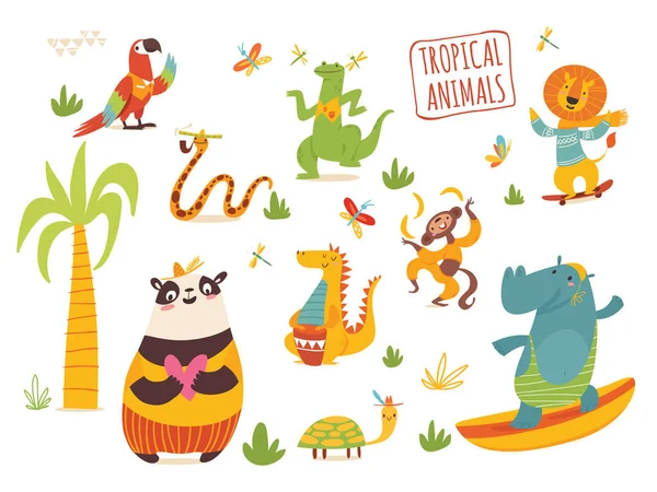 Vektor Set Von Niedlichen Cartoon Handgezeichneten Tropischen Tieren Ideal Für — Stockvektor
