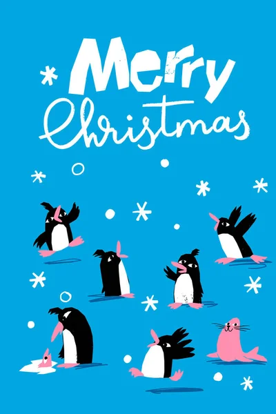 Affiche Hiver Avec Des Pingouins Mignons Lettrage Joyeux Noël Dans — Image vectorielle
