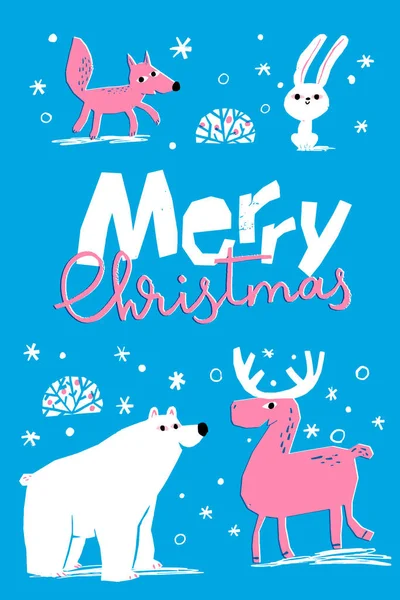 Winterposter Mit Niedlichen Tieren Handgezeichneten Stil Vector Frohe Weihnachten Winterposter — Stockvektor