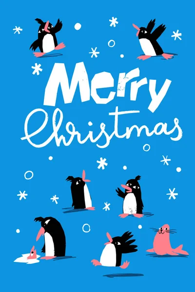 Winterposter Mit Niedlichen Pinguinen Handgezeichneten Siebdruck Stil Vector Frohe Weihnachten — Stockvektor