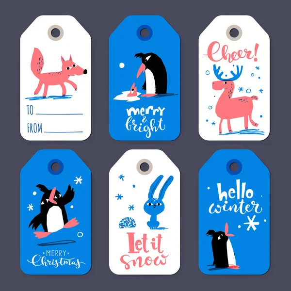 Venta Invierno Feliz Navidad Etiquetas Con Pingüinos Lindos Estilo Serigrafía — Archivo Imágenes Vectoriales