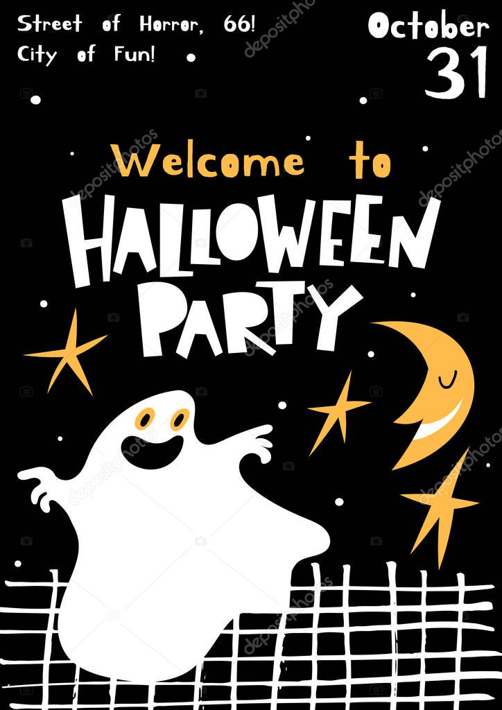 Vector Welcome to Halloween party poster in cartoon flat style 