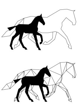 Ars Animalium, geometrik tarafından iki orijinal at tasarım kümesi adı verilen Geometrica ve Minimalisto - siyah yavru onun yanında cantering ile mare paça atlar. Logo, Web sitesi, printdesign e. g. çıkartmalar, posterler, kartpostallar vb. için mükemmel.