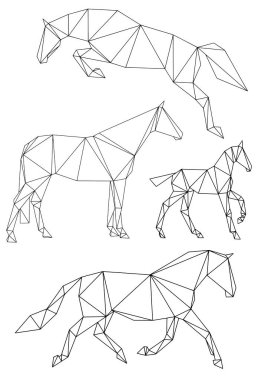 Set of four equine silhouettes in geometric style - divided into triangles. Showjumping horse, standing horse, foal and trotting mare are original design by Ars Animalium. Ideal for logo, website, printdesign such as stickers, postcards etc.  clipart