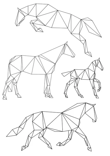 一套四个马剪影在几何样式 划分成三角形 摊斗马 小马和小跑马都是阿尔斯 阿尼马利姆的原创设计 适用于徽标 打印设计 如贴纸 明信片等 — 图库矢量图片