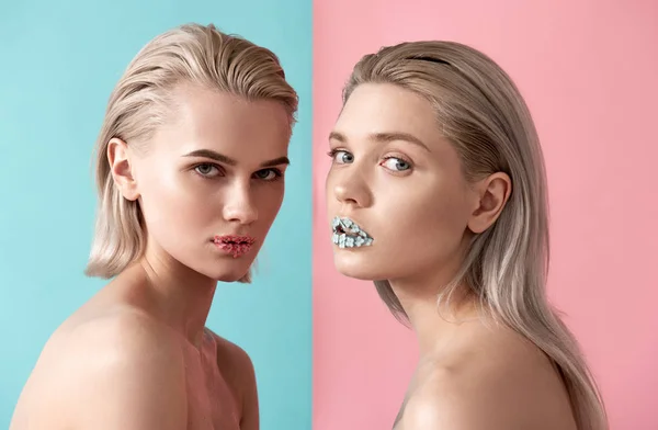 Gracieuze dames met stoffen op lippen — Stockfoto