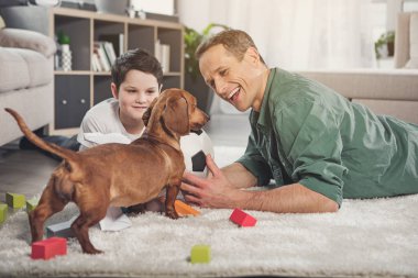Topla oynamayı neşeli aile ve dachshund köpek
