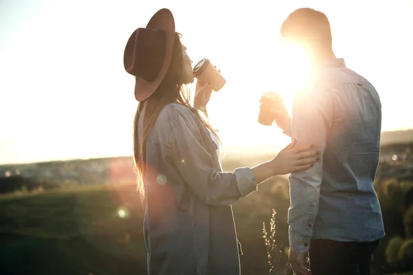 Waist Man Woman Standing Close Each Other Backs Turned Admiring — Stock Photo, Image