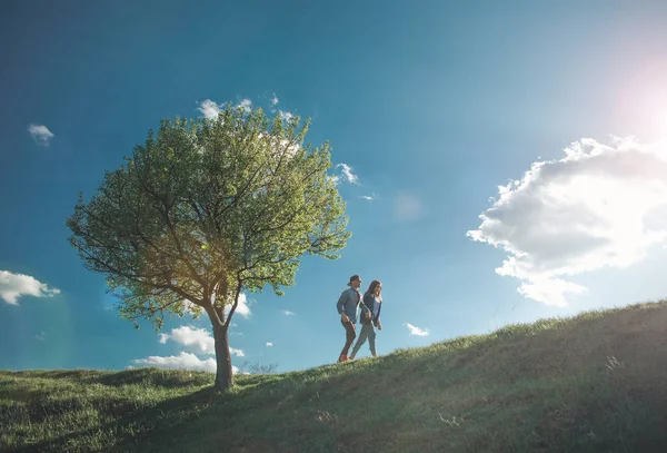 Geliefde paar lopen samen op groene heuvel — Stockfoto
