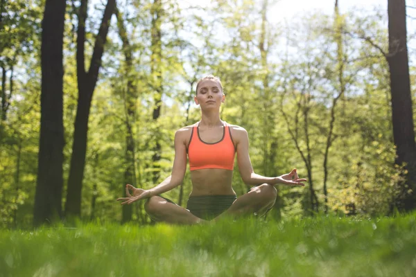 Спокойная леди медитирует на открытом воздухе — стоковое фото