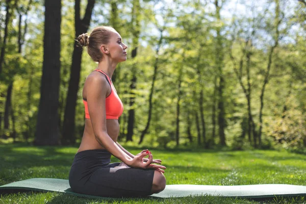 Спокойная леди практикует йогу на природе — стоковое фото