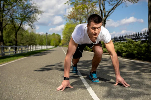 Athletic Man Bending Asphalt Crouch Start Getting Ready Running Sunny — Stock Photo, Image