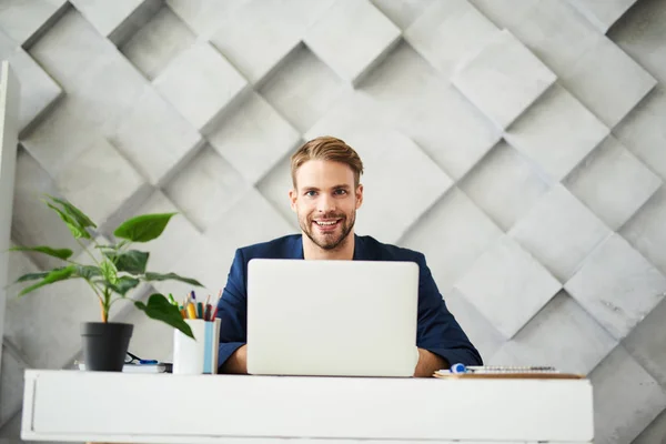 Waist Portrait Smiling Businessman Working Laptop Personal Cabinet Sitting Desktop — Stock Photo, Image