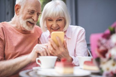 Mutlu erkek ve kadın telefon kullanarak birlikte öğrenme