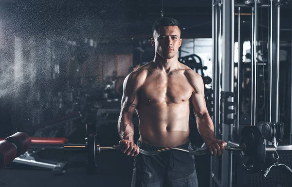 Spokojny człowiek robi biceps curl z wyposażenia siłowni — Zdjęcie stockowe