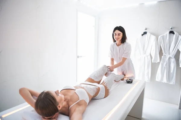 Pleasant Procedure Young Lady White Underwear Lying Massage Table Having — Stock Photo, Image