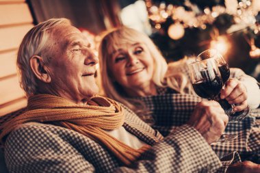 Neşeli olgun çifti birlikte Noel kutlamaları gülümseyen