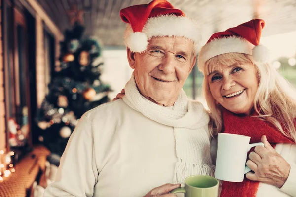 Alegre olhando idosos dois cúmplices comemorando o Natal juntos — Fotografia de Stock