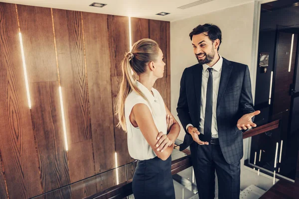 Optimistic male employee telling with calm colleague