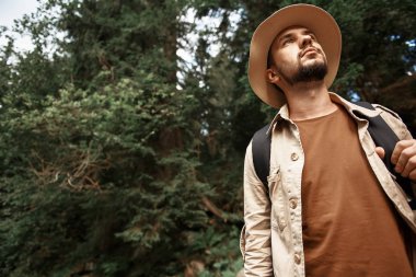 Büyük şapka ve düşünceli mesafe içine bakarak sakin seyahat etmek