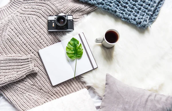 Sketchbook dan sweater dekat cangkir di lantai — Stok Foto