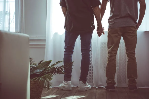 Junges schwules Paar hält die Hände zu Hause — Stockfoto