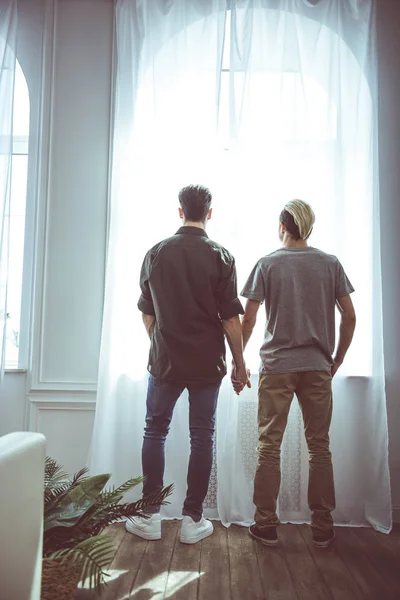 Feliz pareja gay cogida de la mano mientras mira por la ventana —  Fotos de Stock
