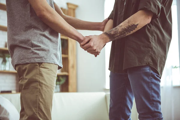 Sevgi dolu eşcinsel çift elele dururken kendi evinde