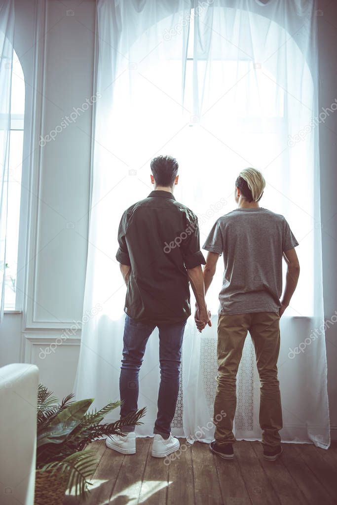 Happy gay couple holding hands while looking out the window