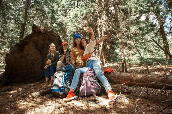 Glada damer har roligt i skogen — Stockfoto