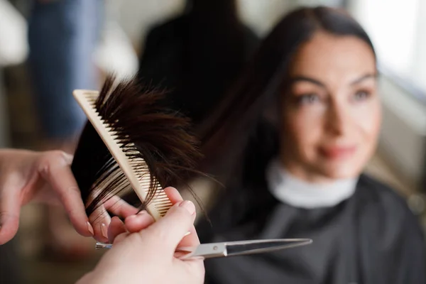 Donna sta tagliando i capelli nel salone di bellezza — Foto Stock