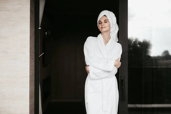 Concept Spa Relaxation Enjoyment Young Beautiful Lady Bathrobe Standing Closed — Stock Photo, Image