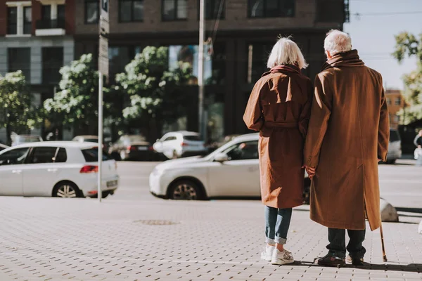 Glückliches Senioren-Paar hält Händchen auf der Straße — Stockfoto
