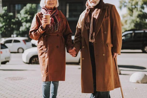 Hermosa pareja de ancianos tomados de la mano en la calle — Foto de Stock