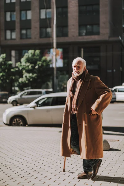 Homem velho elegante com cana olhando para longe e sorrindo — Fotografia de Stock