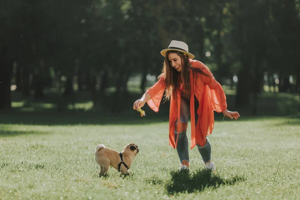 Jovencita es divertida jugando con su mascota —  Fotos de Stock