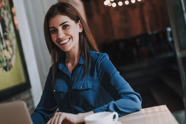 Mujer alegre de negocios que trabaja en el interior de la cafetería —  Fotos de Stock