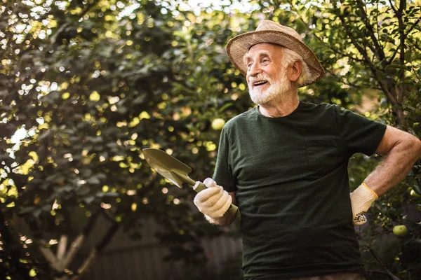 El hombre anciano pasar tiempo en el trabajo en el patio de la casa de campo — Foto de Stock