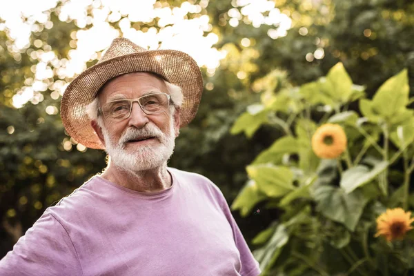 Öreg ember, kívül zöld nyári kert — Stock Fotó