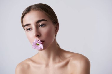 Çekici dalgın genç bayan pembe güzel çiçek ağzına tutarak