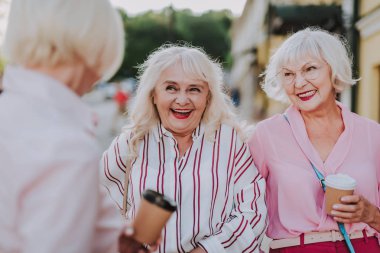 Onların arkadaş sokakta toplantı mutlu yaşlı kadın