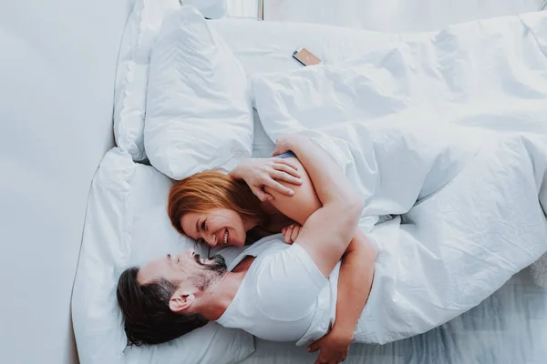 Adult happy couple spending time in morning — Stock Photo, Image