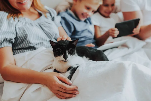 Vita och svarta katt som sover å av kvinna — Stockfoto